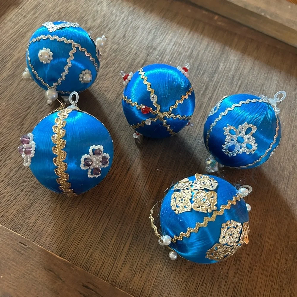 Vintage Blue Turquoise Satin Handmade Push Pin Beaded Ornaments